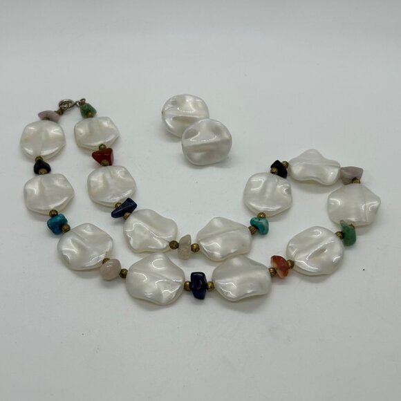 Vintage Jewelry - Vintage Acrylic Beaded Necklace Earrings White With Colorful Accents Plastic Set